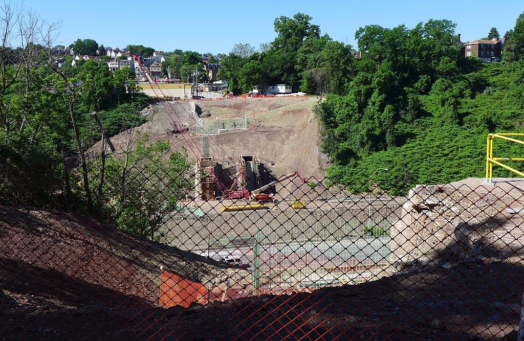 View of Greenfield Bridge construction from Greenfield Road in Schenley Park, 12 June 2016
