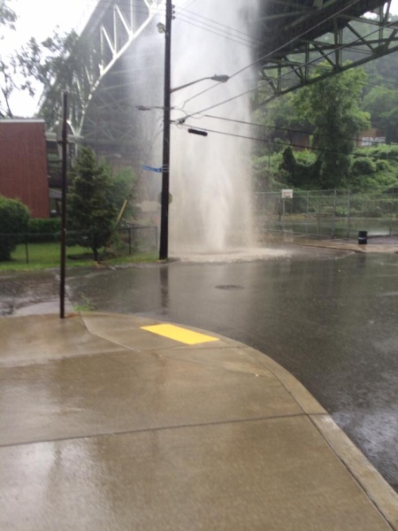 Thar She Blows! Full force geyser of combined sewer (storm water + sewage) during heavy rain in The Run, 16 June 2016 (photo by Tommy D'Andrea)