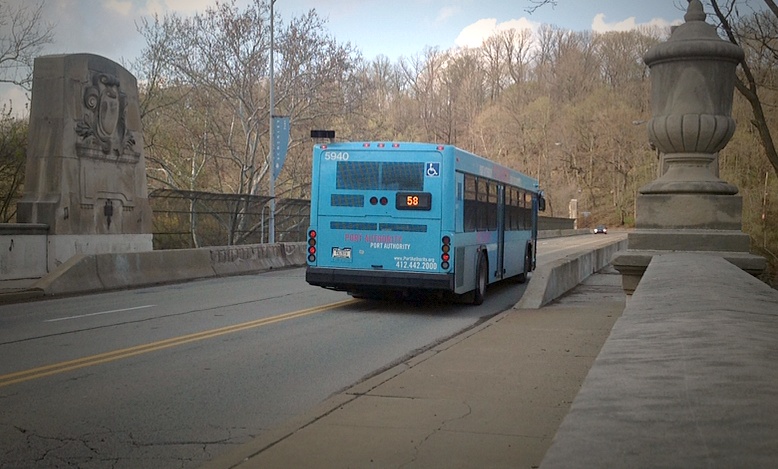 The 58 bus crossing the Greenfield Bridge (photo by Pat Hassett)
